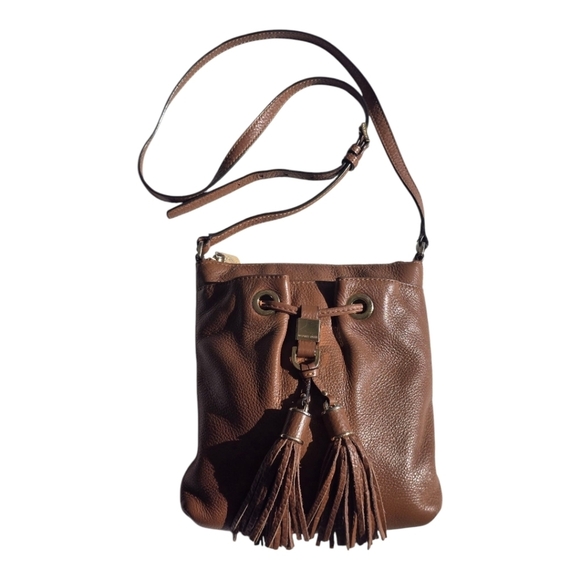 Michael Kors Leather Crossbody Bag Women's Brown Pebble Tassels Logo Small - Picture 1 of 16